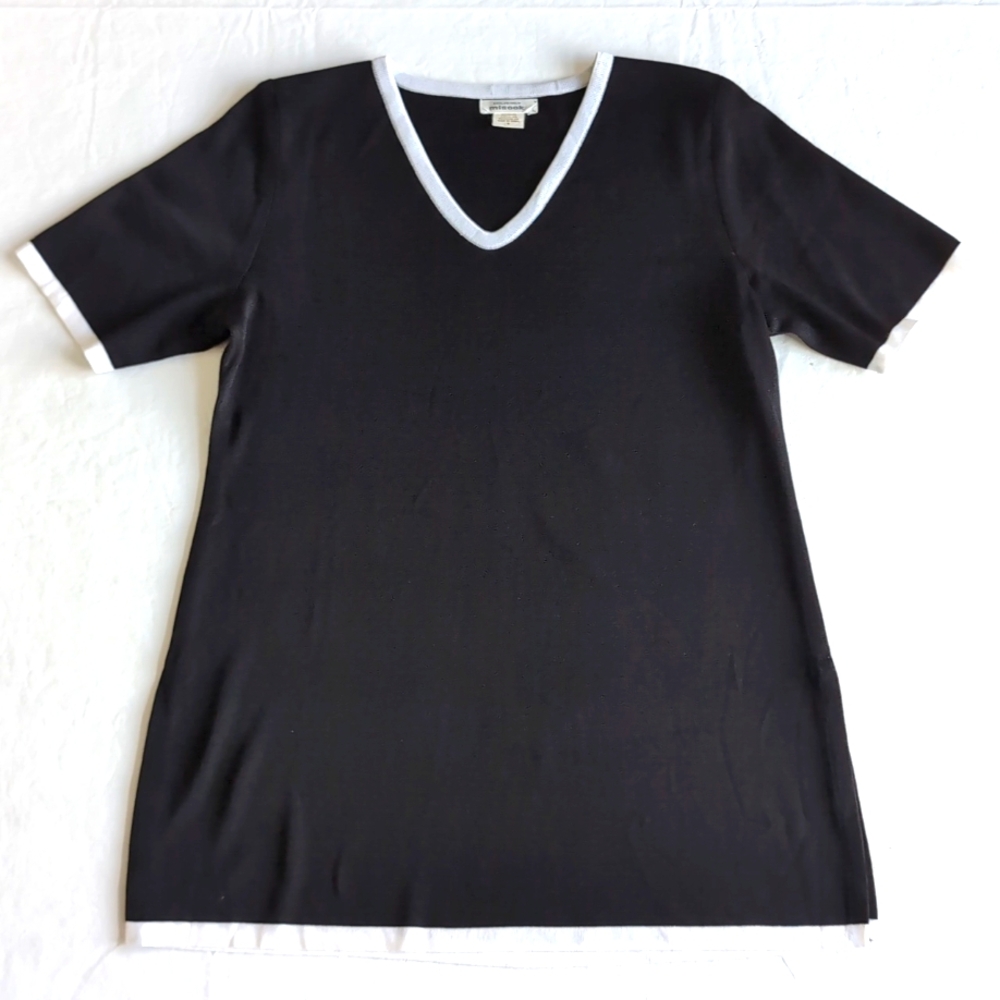 Women's Exclusively Misook Black & White Silk Blend Short Sleeve Top Siz…